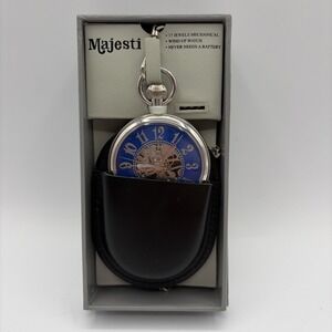 VINTAGE MAJESTI SKELETON WIND UP POCKET WATCH 17 JEWELS CHAIN BLUE NEW BOXED